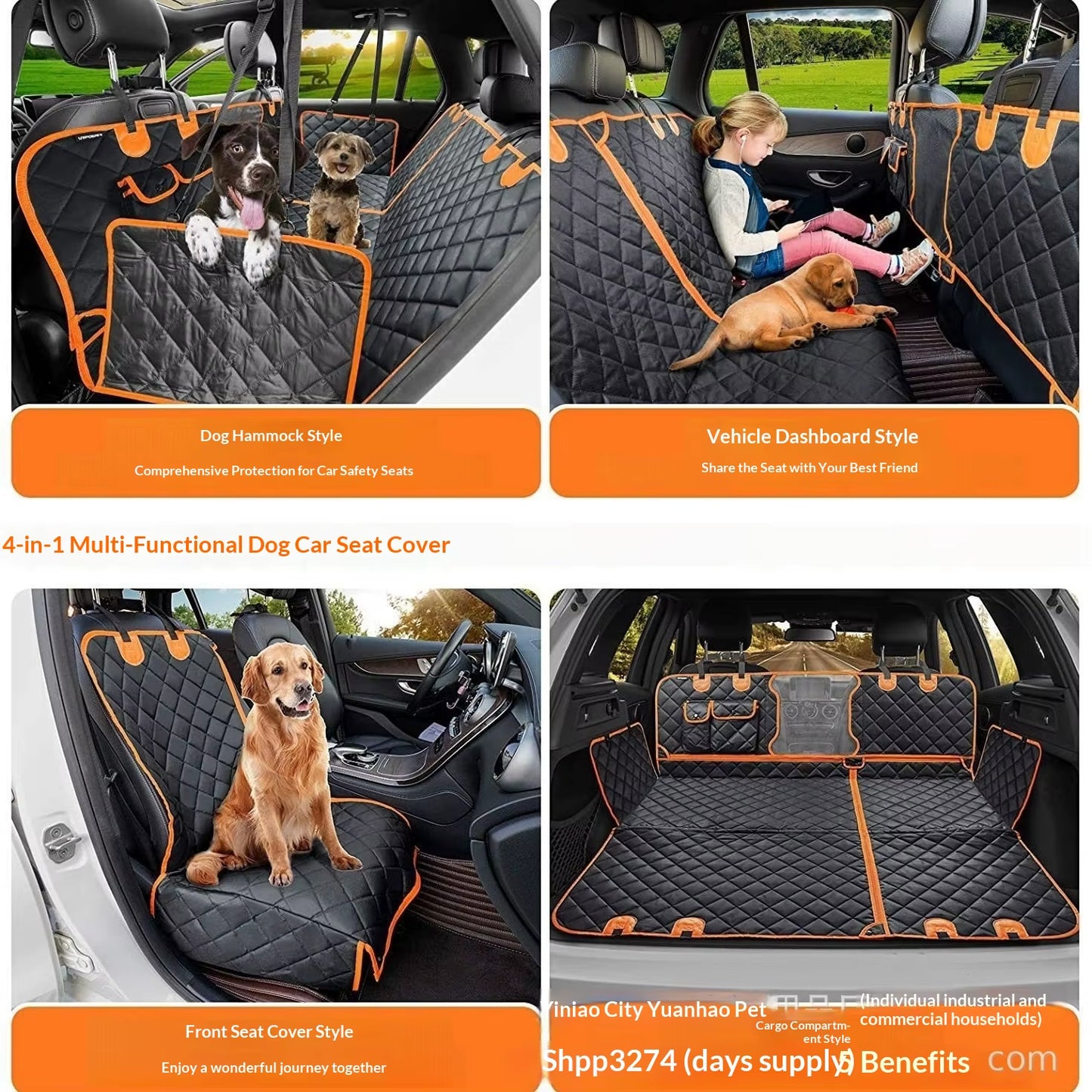 4-In-1 Heavy Duty Oxford Pet Dog Car Seat Cover Waterproof Mesh Window Safety Belt Access Side Flaps Pockets Universal Fit