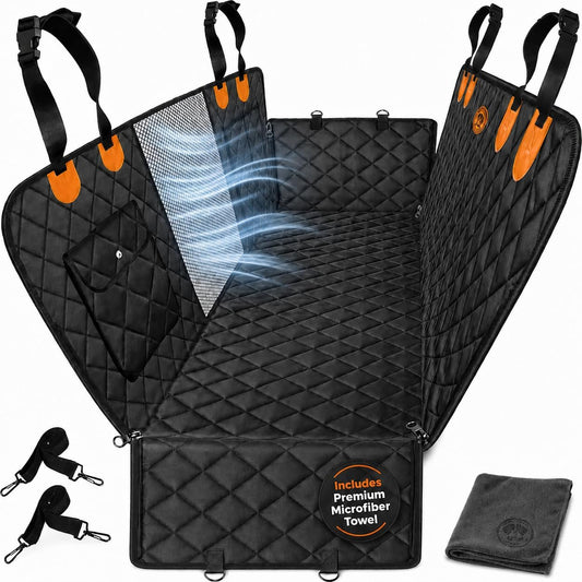 Dog Car Seat Cover 5 in 1 with Free Micro Fiber Towel, Waterproof Back Seat Protector with Mesh Window and Storage Pocket, Non Slip Scratch Proof Machine Washable, Universal Fits Trucks SUV
