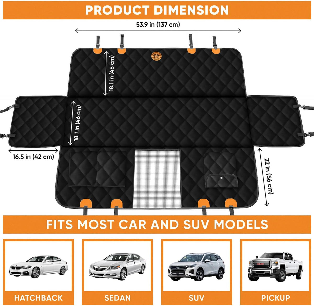 Dog Car Seat Cover 5 in 1 with Free Micro Fiber Towel, Waterproof Back Seat Protector with Mesh Window and Storage Pocket, Non Slip Scratch Proof Machine Washable, Universal Fits Trucks SUV
