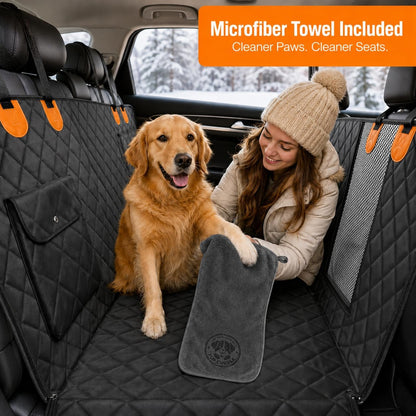 Dog Car Seat Cover 5 in 1 with Free Micro Fiber Towel, Waterproof Back Seat Protector with Mesh Window and Storage Pocket, Non Slip Scratch Proof Machine Washable, Universal Fits Trucks SUV
