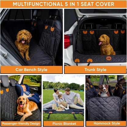 Dog Car Seat Cover 5 in 1 with Free Micro Fiber Towel, Waterproof Back Seat Protector with Mesh Window and Storage Pocket, Non Slip Scratch Proof Machine Washable, Universal Fits Trucks SUV