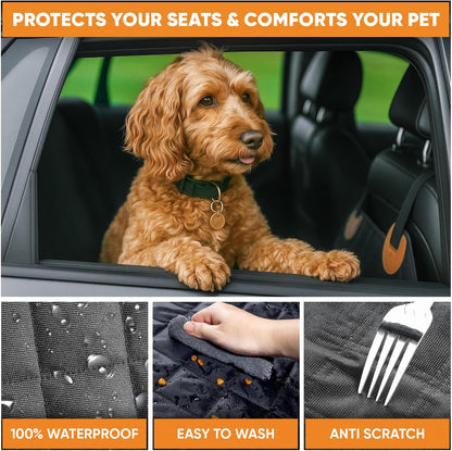 Dog Car Seat Cover 5 in 1 with Free Micro Fiber Towel, Waterproof Back Seat Protector with Mesh Window and Storage Pocket, Non Slip Scratch Proof Machine Washable, Universal Fits Trucks SUV