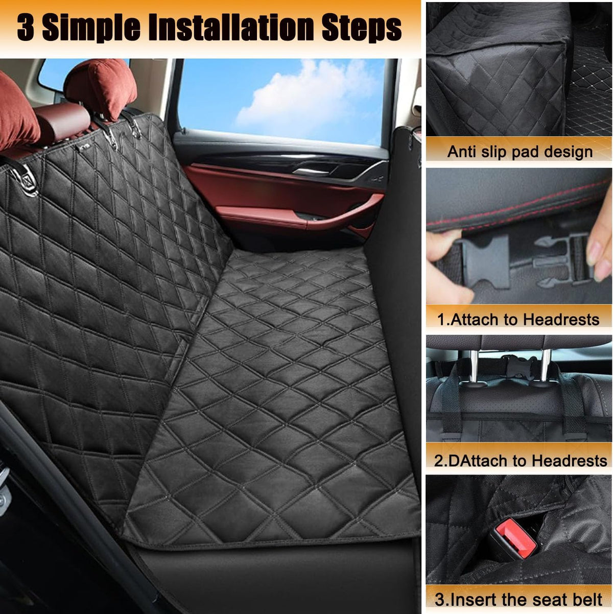 Petnice Pet Back Seat Covers, Dog Car Seat Cover Waterproof Liner Protector, Pet Hammock Scratch Proof Nonslip Protect Blanket, Easy to Clean Seat Pad for Cars Trucks Suv(Black)